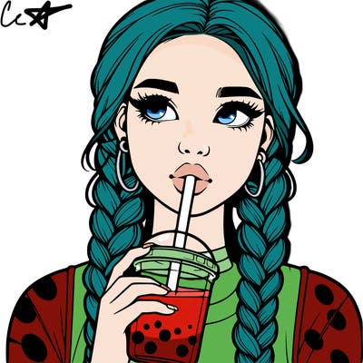 realistic girl with braided hair drinking boba