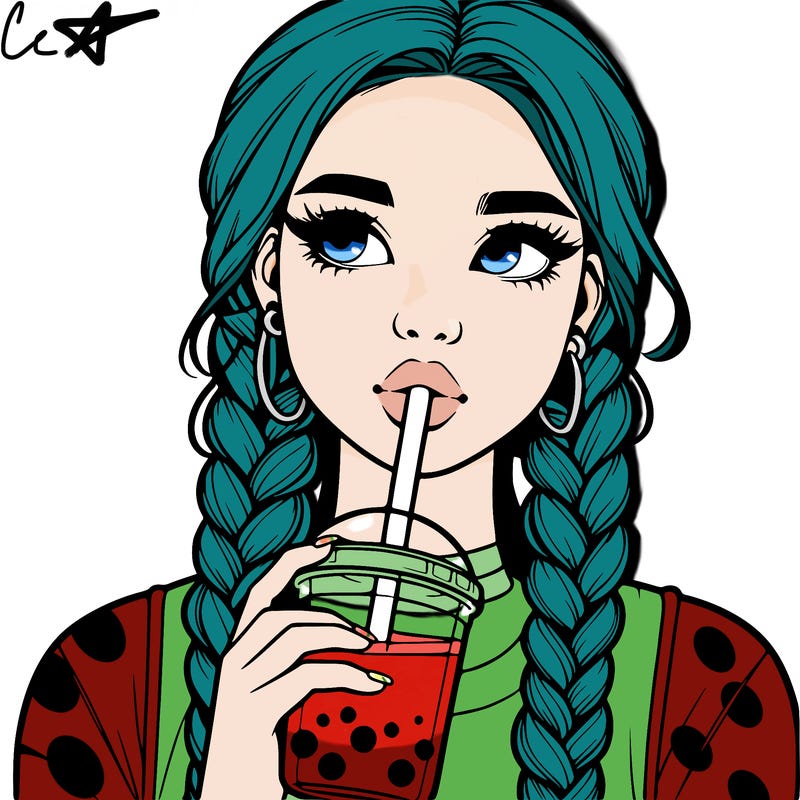 realistic girl with braided hair drinking boba