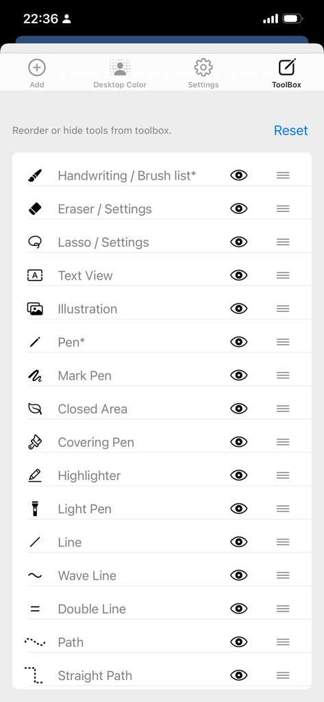 Paintwork - Infinite Notebook - Paintwork app toolbox settings screen showing a list of customizable drawing tools