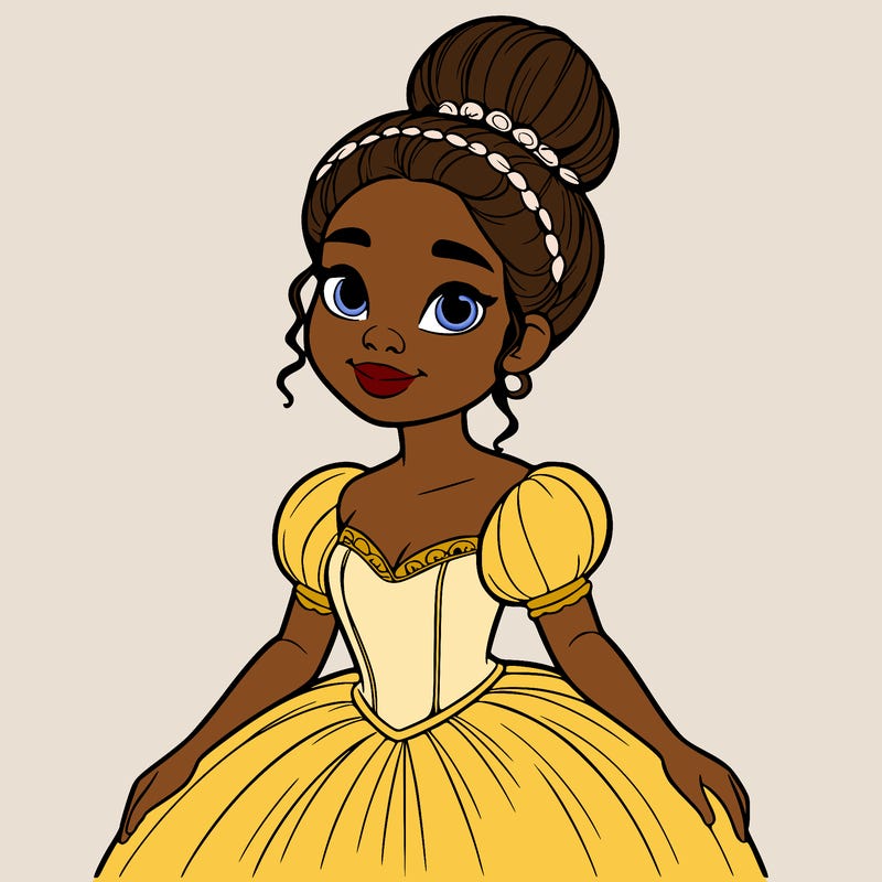 a single african american woman with a bun and a realistic fairy tale dress