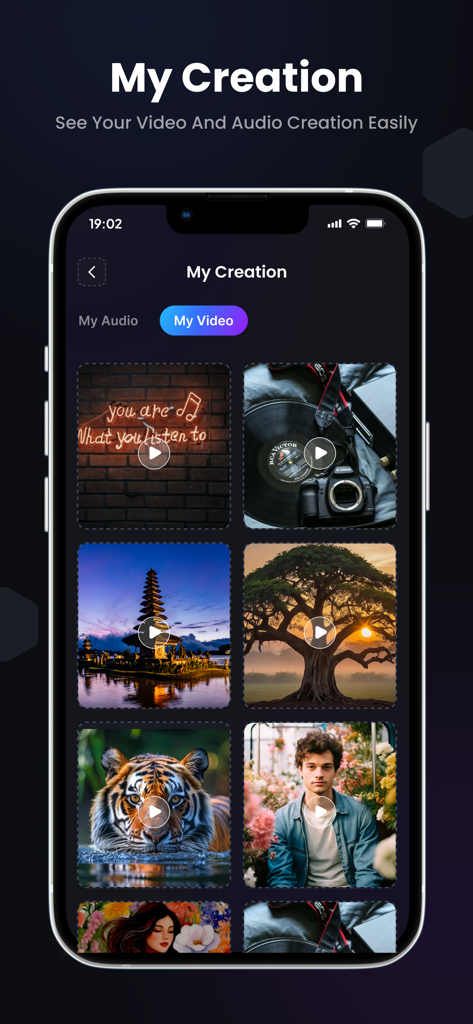 AI Background Noise Remover - Captura de pantalla de la galería Mis Creaciones dentro de la aplicación Eliminador de Ruido de Fondo con IA que muestra una lista de archivos de vídeo procesados en un iPhone