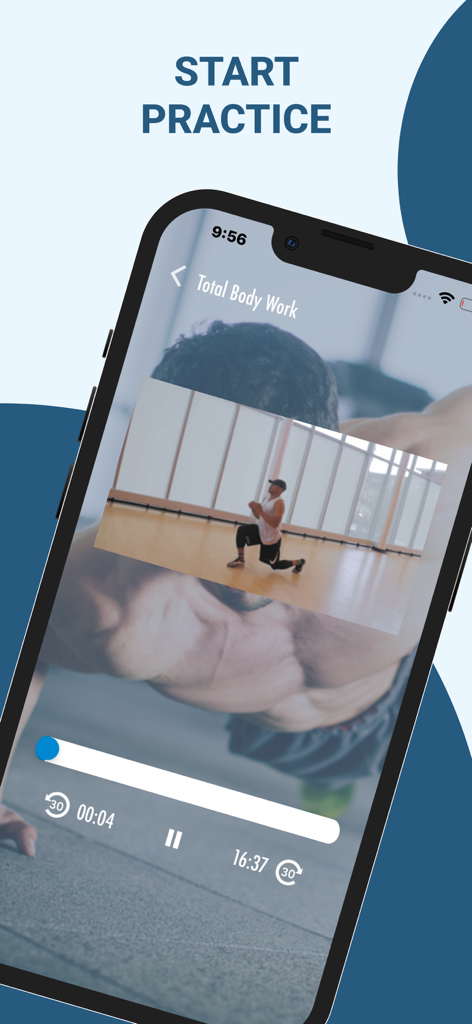 Bodyweight Workouts at Home - iPhone screen displaying a total body bodyweight workout video tutorial with playback controls