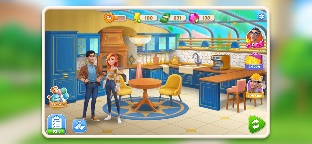 DesignVille: Merge & Design - 세련되게 개조된 파란색 캐비닛의 주방과 DesignVille의 두 캐릭터