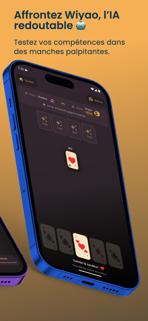 Sipa, jeu de cartes - A smartphone screen displaying a Sipa card game match against the AI opponent Wiyao