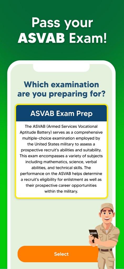 ASVAB Practice Prep Test 2025 - Welcome screen of the ASVAB Practice Prep Test 2025 app with exam description and a military character.