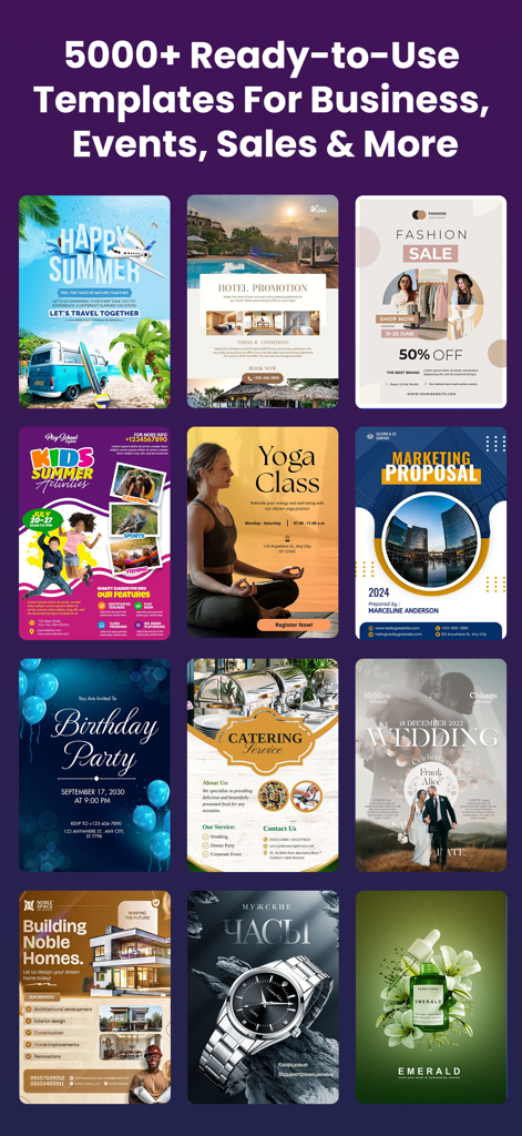 Flyer Maker - Poster Creator - ビジネスイベントやセール向けの、プロフェッショナルなフライヤーとポスターテンプレートの多様なコレクション