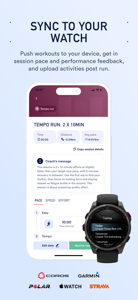 Coopah: The Run Coaching App - Smartphone and smartwatch displaying a synced tempo run workout from the Coopah coaching app.
