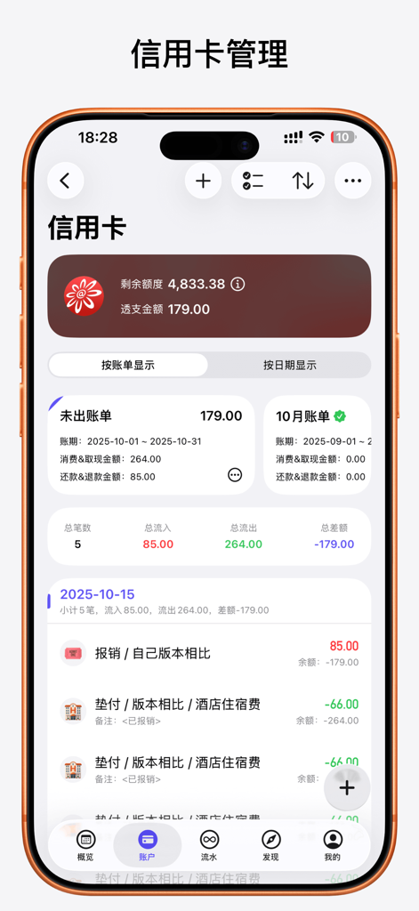 Pixiu App-Oberfläche, die den Kreditkarten-Saldo und die Transaktionshistorie auf Chinesisch anzeigt
