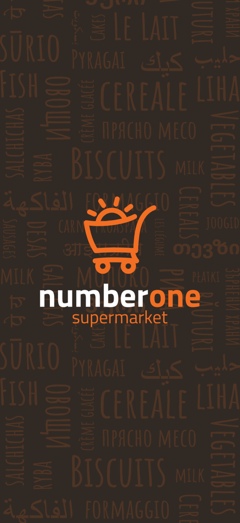 NR1 Rewards NumberOne Supermarkt Startbildschirm mit orangefarbenem Einkaufswagen-Logo