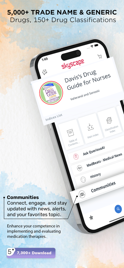 Davis’s Drug Guide for Nurses - Home screen of the Davis Drug Guide for Nurses app showing drug indices and clinical community features