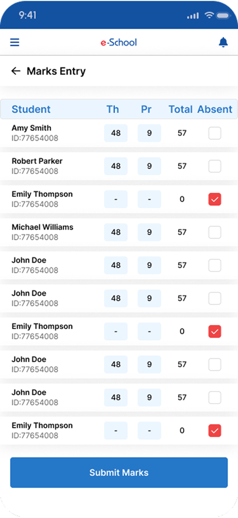 eSchool App by eZone - Interfaz del profesor para ingresar las calificaciones teóricas y prácticas de los estudiantes en la aplicación eSchool