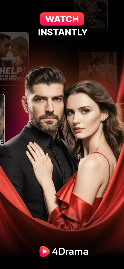4Drama - Reel Drama Shorts - Un banner promocional para la aplicación 4Drama que muestra una pareja romántica dramática con el texto Watch Instantly