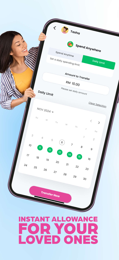 Vircle mobile app interface for transferring pocket money and setting daily spending limits for children