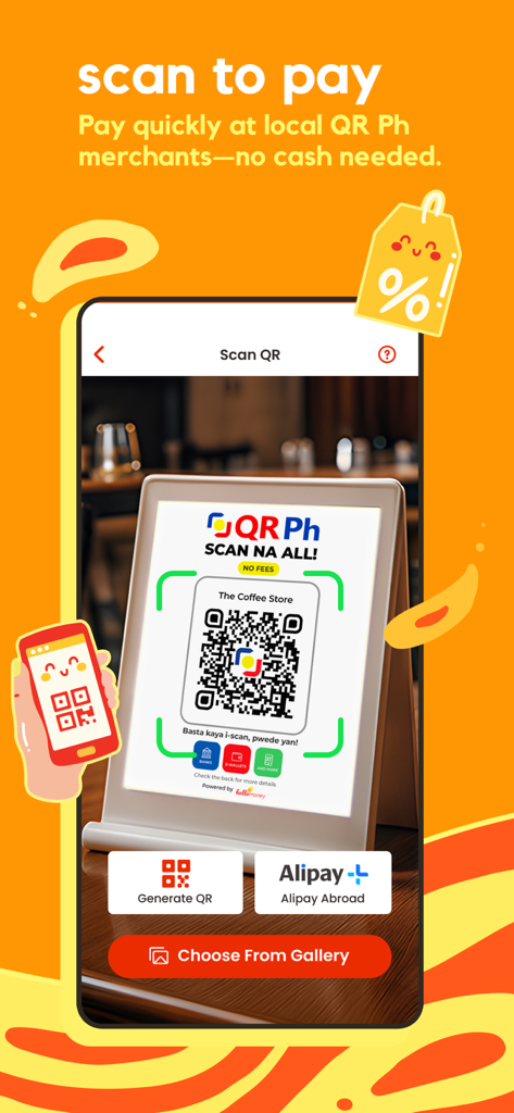 HelloMoney app interface showing the scan to pay feature using a QR Ph code at a local merchant