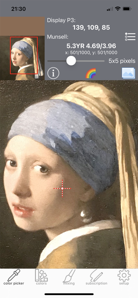 Real Paint mixing tools PRO - Real Paint mixing tools PRO color picker interface showing Munsell coordinates and Display P3 values for a portrait painting