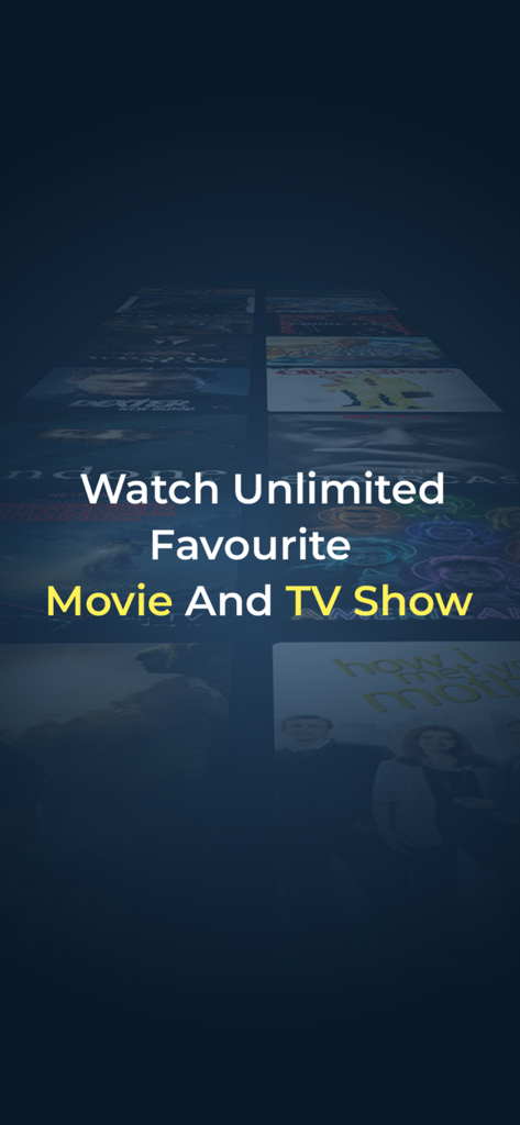 Movie Plex - Movies & TV Shows - Tela introdutória do aplicativo Movie Plex exibindo uma grade de pôsteres de filmes com o texto Assista a Filmes e Séries Favoritos Ilimitados