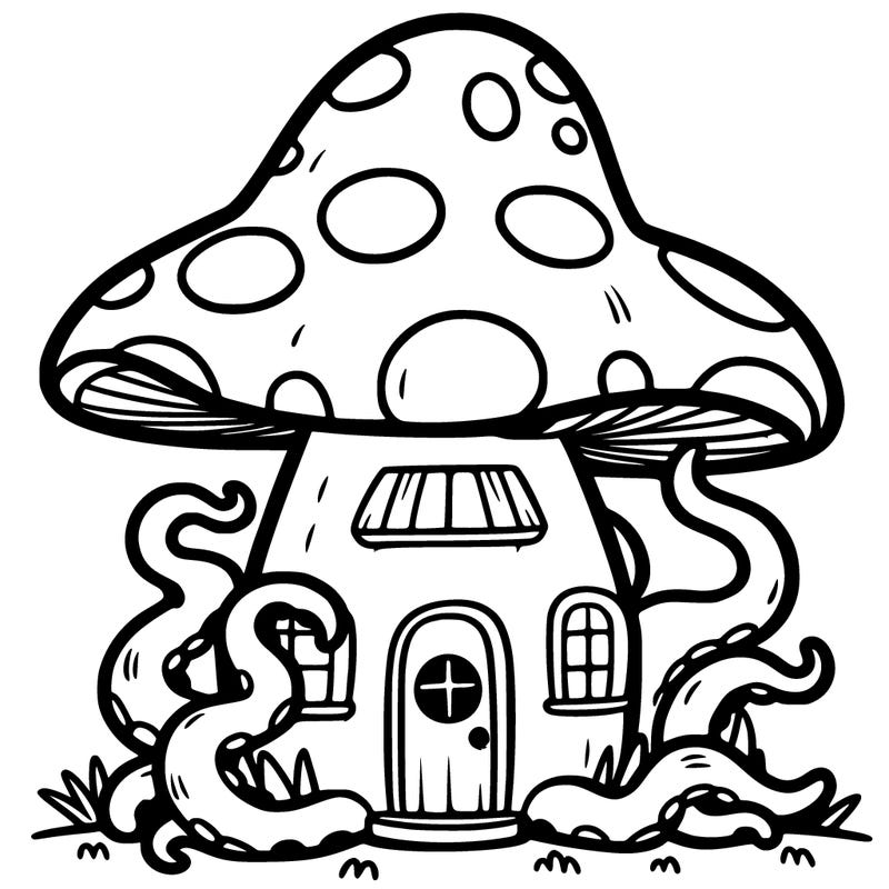cartoon mushroom house with tentacles