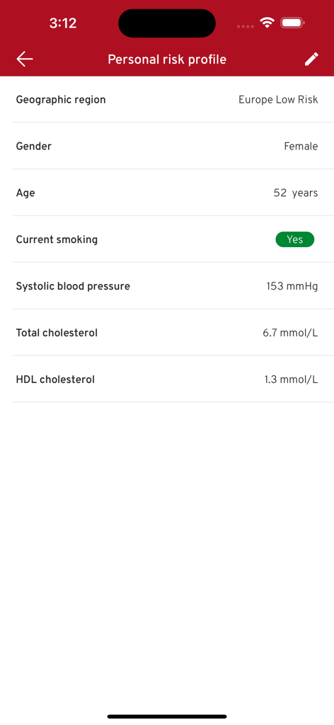 Captura de pantalla de la pantalla del perfil de riesgo personal en la aplicación ESC CVD Risk Calculation que muestra campos de datos clínicos como edad, presión arterial y colesterol