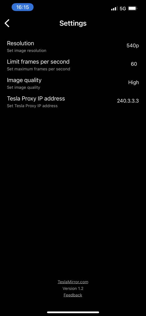 Settings menu of the TslaMirror app showing options for resolution, frame rate, and proxy IP address.