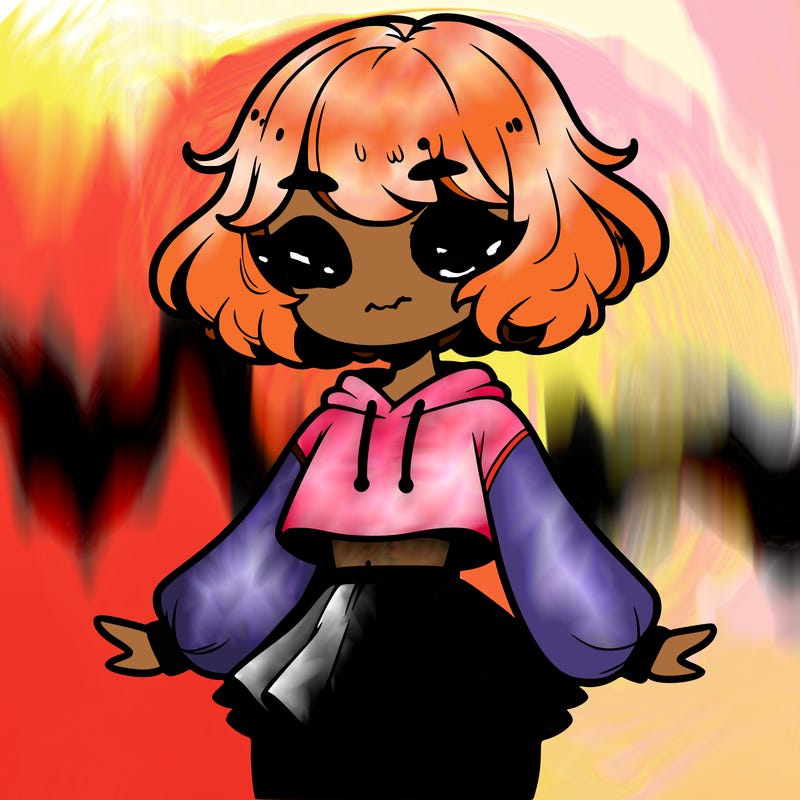 cute femboy with short, fluffy hair that softly frames their face, wearing a cropped hoodie, paired with a flouncy short skirt, and thigh-high stockings