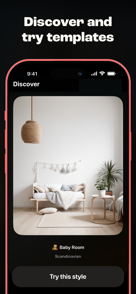 Al Interior Design - Deco - Deco 인테리어 디자인 앱 화면이 스칸디나비아 스타일의 아기 방 템플릿을 표시합니다.