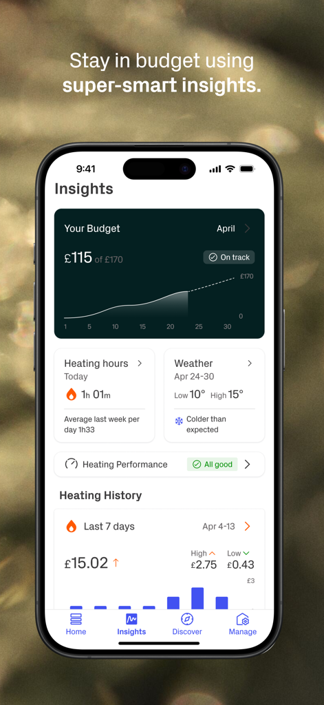A smartphone screen showing the Hive app Insights dashboard with energy budget tracking and heating history