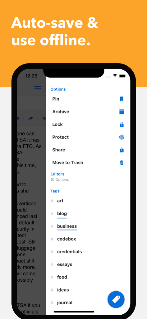 Uma tela de smartphone mostrando a interface do aplicativo Standard Notes com um menu de opções e uma lista de etiquetas.