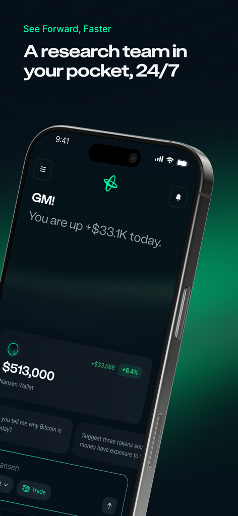 Nansen AI - Nansen AI mobile app dashboard showing crypto portfolio balance and daily gains