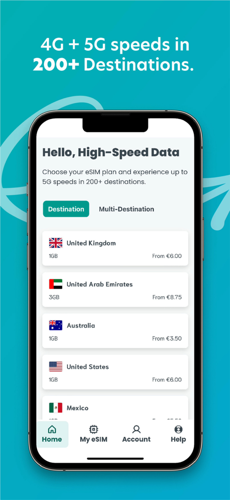 Interface do aplicativo Sim Local mostrando planos eSIM de viagem para vários países com velocidades 4G e 5G