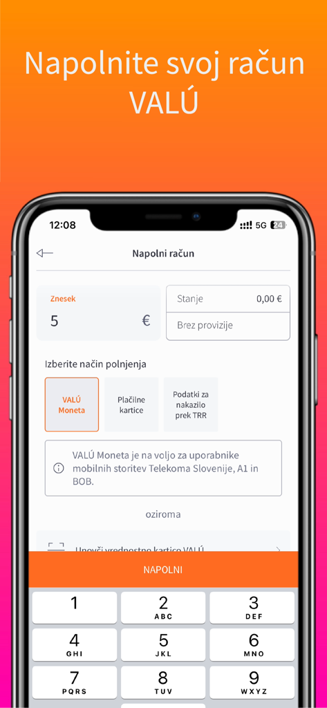 VALÚ - Interface of the VALU mobile wallet app showing the top up account screen with payment options and a numeric keypad