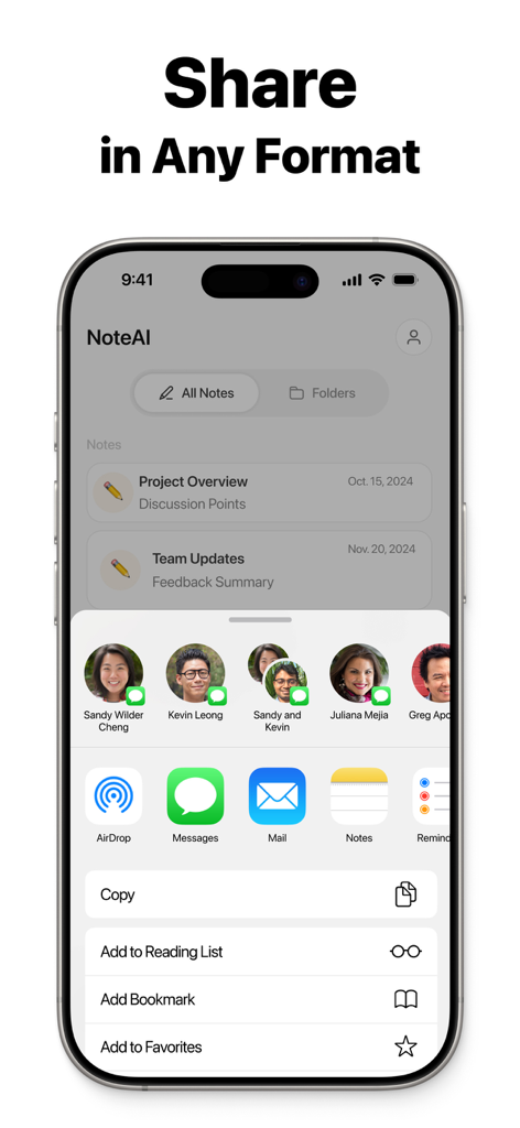 Note AI: Smart Note Taker - Note AI app screenshot showing the iOS share sheet for collaborative note sharing via messages and mail.