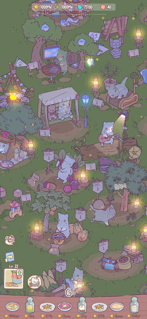 Gatti illustrati che cucinano e si rilassano in un accogliente ambiente forestale da fiaba