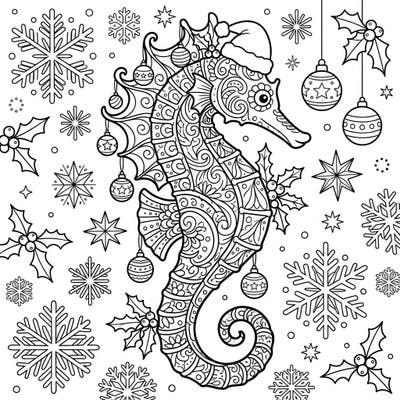 Celebrate the holiday season with a unique underwater twist! This intricate coloring page features a beautifully patterned seahorse, complete with a Santa hat and festive Christmas decorations, perfect for bringing joy to your coloring sessions.