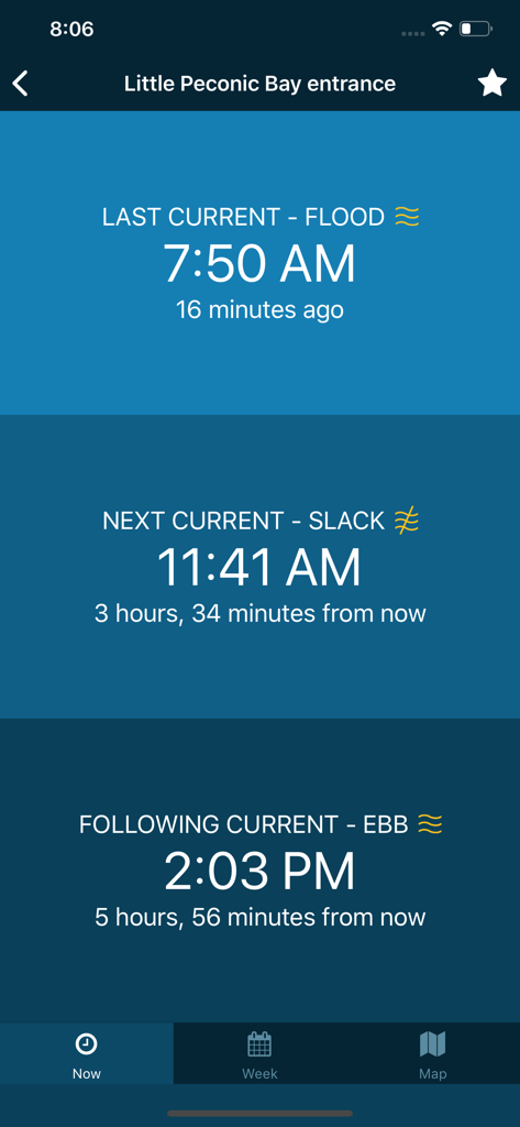 Tides Near Me - Tides Near Me app displaying tidal current times for Little Peconic Bay entrance showing flood slack and ebb cycles