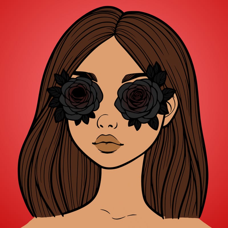a realistic girl with roses for eyes