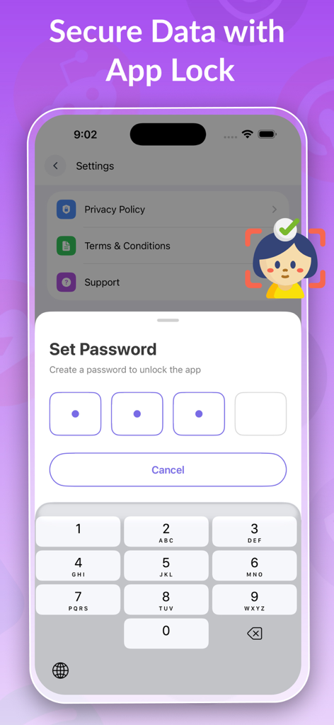 Tela de um smartphone mostrando a configuração de bloqueio do aplicativo com um teclado de senha para o aplicativo Parallel Space.