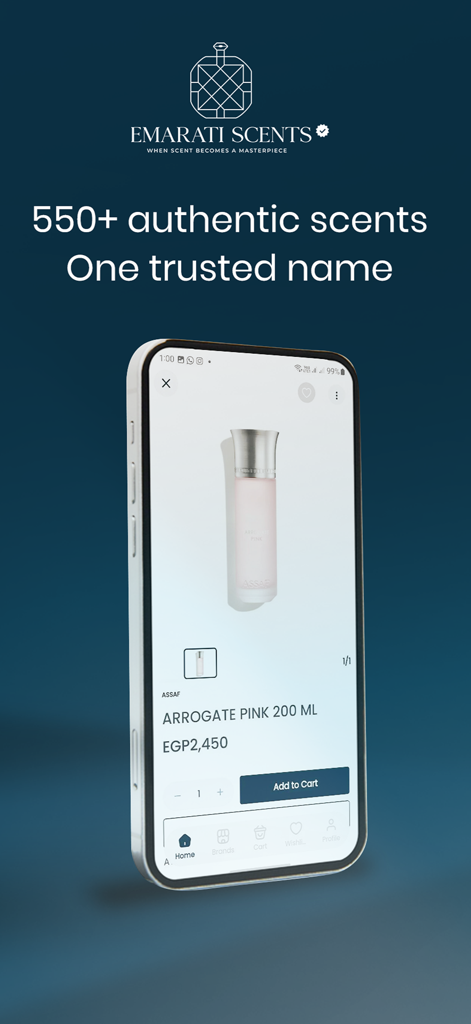 Emarati Scents mobile app interface showing a premium Arabic perfume product page with pricing and add to cart button