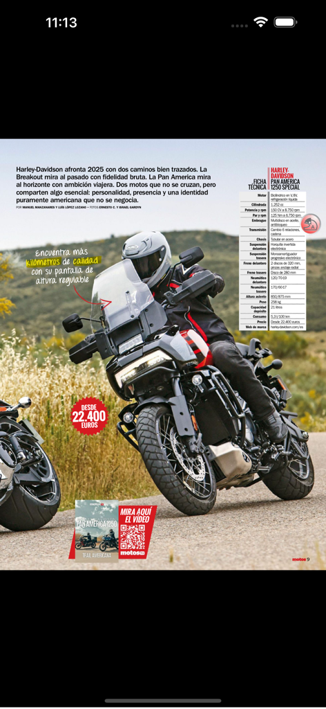 Motos Revista - Magazine article review of a Harley Davidson Pan America 1250 Special with technical specifications
