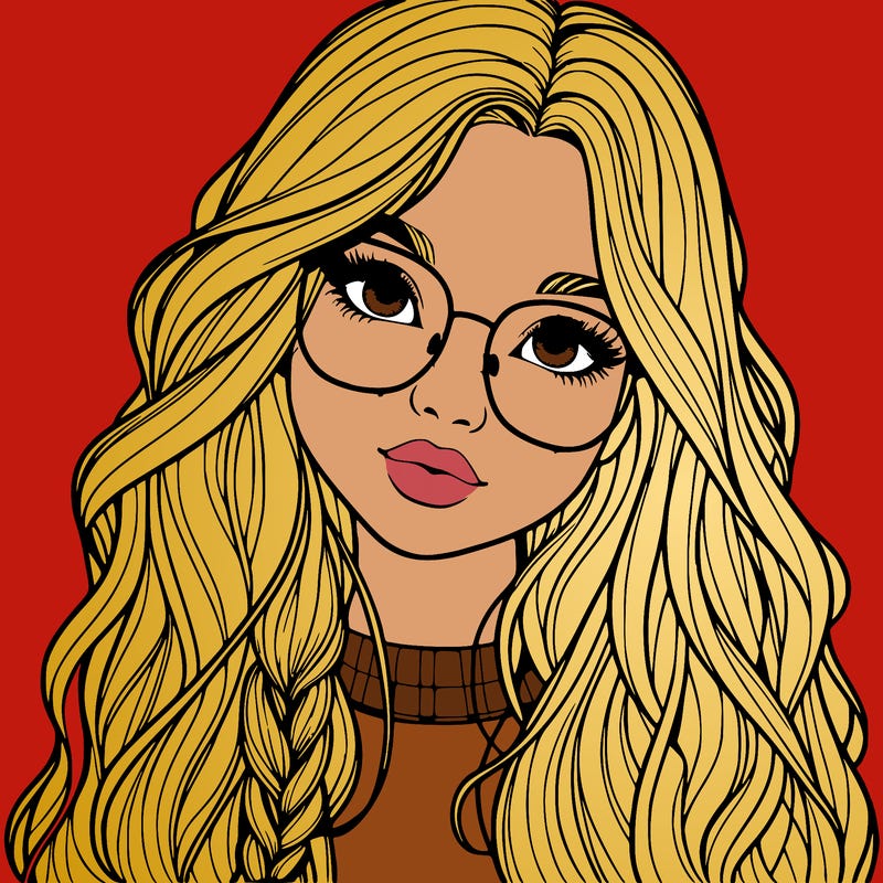 girl with long hair and freckles and glasses realistic