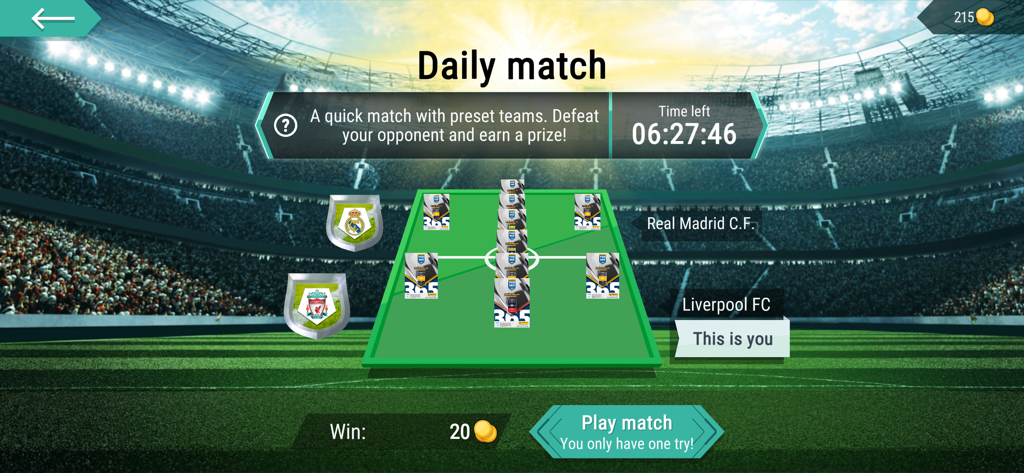 Panini FIFA 365 AdrenalynXL™ - Daily Match screen in Panini FIFA 365 AdrenalynXL showing a tactical team formation for a game between Real Madrid and Liverpool