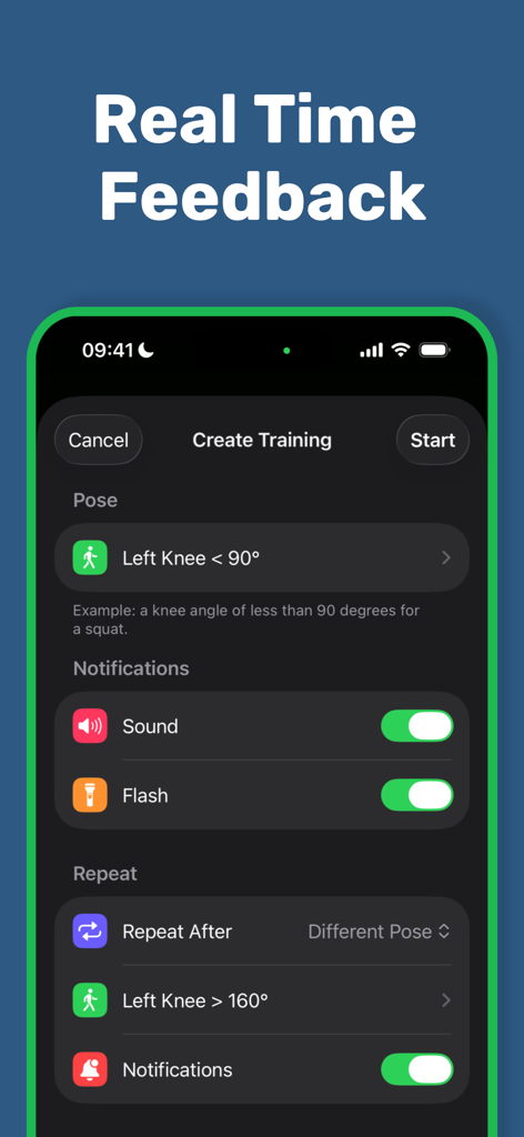 Sports Video Analysis: BitBody - BitBody app interface for creating a training session with real time feedback for exercise poses