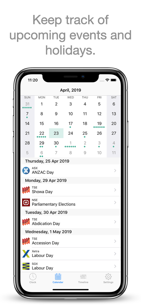 Market Clock - Market Clock app showing a calendar view of international financial market holidays and upcoming trading events