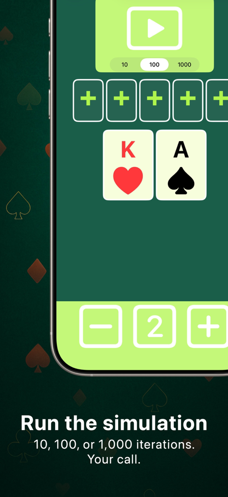 Poker Odds – Simulator - Interface de l'application Poker Odds Simulator montrant une main avec As de Pique et Roi de Cœur et des options pour lancer dix, cent ou mille simulations