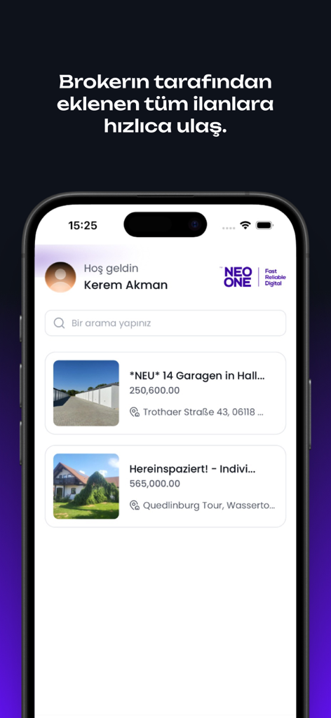 NeoOne - Interface de l'application mobile NeoOne montrant des annonces immobilières exclusives et une barre de recherche pour une expérience immobilière personnalisée