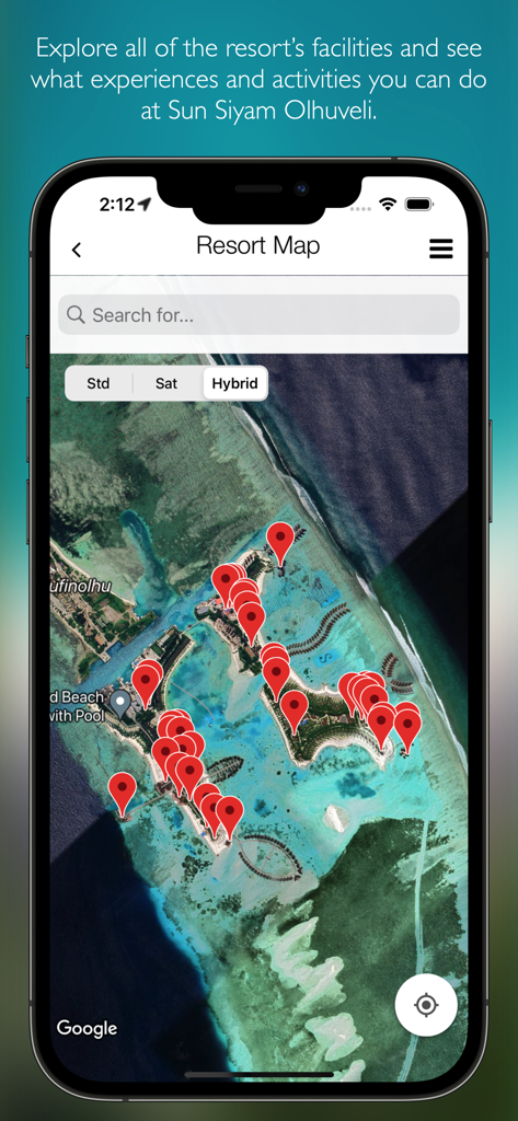 Mappa satellitare interattiva delle strutture del resort Sun Siyam Olhuveli