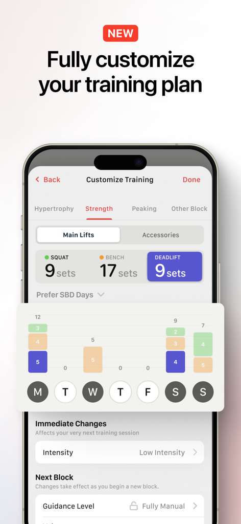 Evolve Training App - Oberfläche der Evolve Training App zur Anpassung eines Krafttrainingsplans, einschließlich Sätzen für Kniebeugen, Bankdrücken und Kreuzheben.