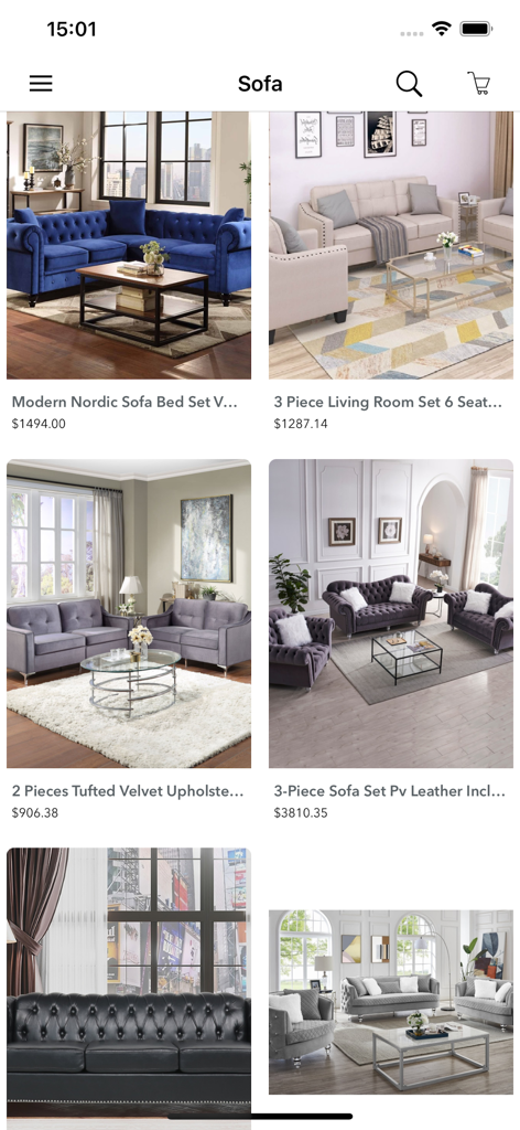 저렴한 가구 쇼핑을 위한 다양한 현대식 소파 세트와 가격을 보여주는 모바일 앱 인터페이스