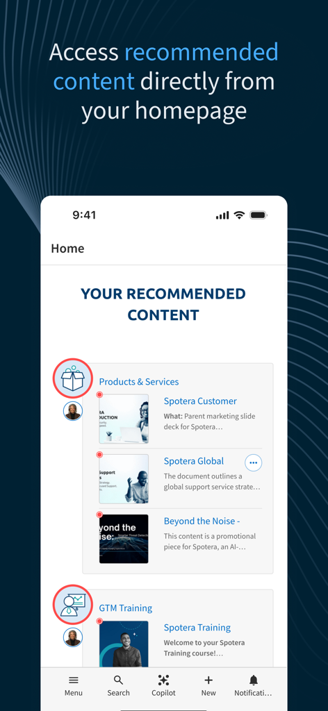 Die Highspot-Mobil-App-Oberfläche zeigt eine personalisierte Homepage mit empfohlenen Verkaufsinhalten und Schulungsmodulen.