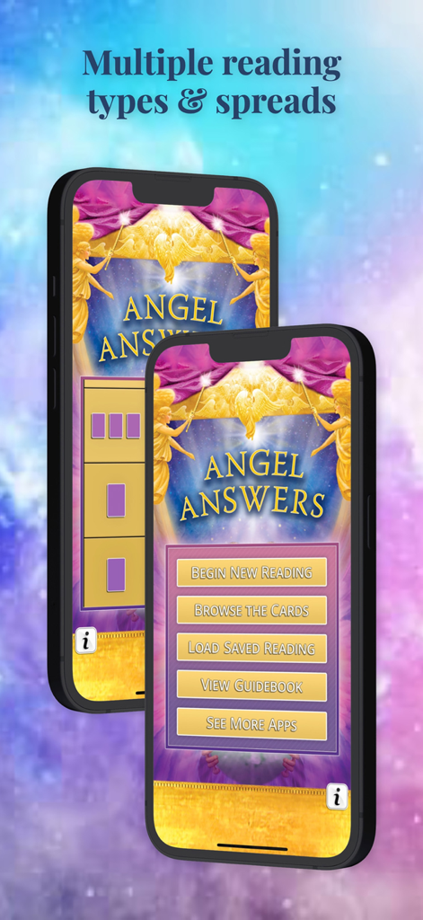 Interface of the Angel Answers Oracle Cards mobile app showing menu options and reading spreads on two smartphones
