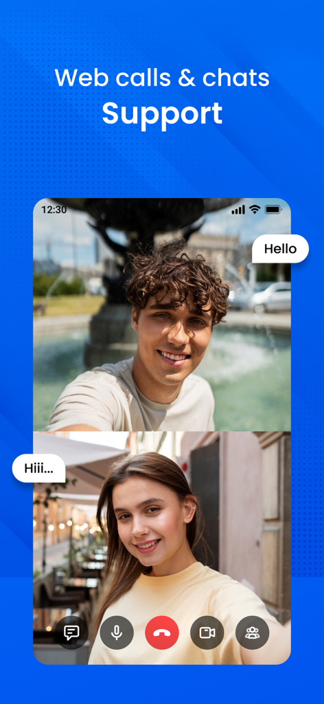 Video Conference: Meeting - Videochamada em tela dividida em um dispositivo móvel mostrando duas pessoas e balões de chat